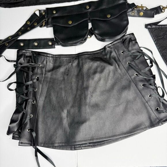 Black Faux Leather Lace Festival Costume Set Corset Skirt Utility Belt Size M - Picture 2 of 10